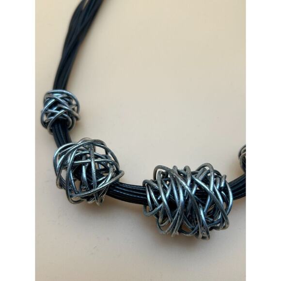 Modern Black Multi-Strand Necklace with Silver Wire-Wrapped Spheres, 17"" Chain - Picture 2 of 3